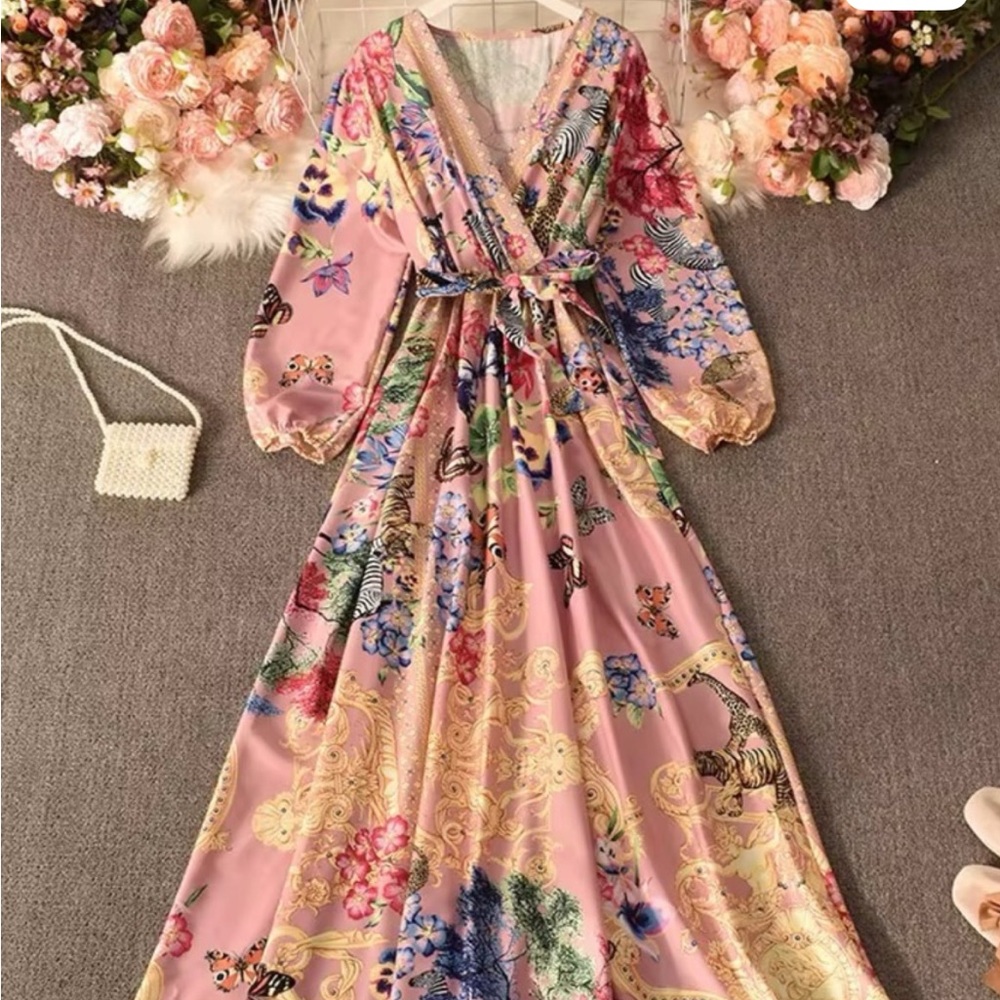 (PINK) Goddess Ethereal Boho Balloon Sleeve Midi/Maxi Dress